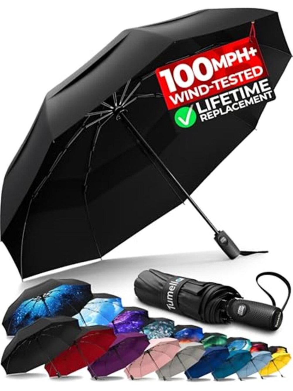 Strongest Windproof Travel Umbrella (Compact, 100MPH Wind-Tested), Light,